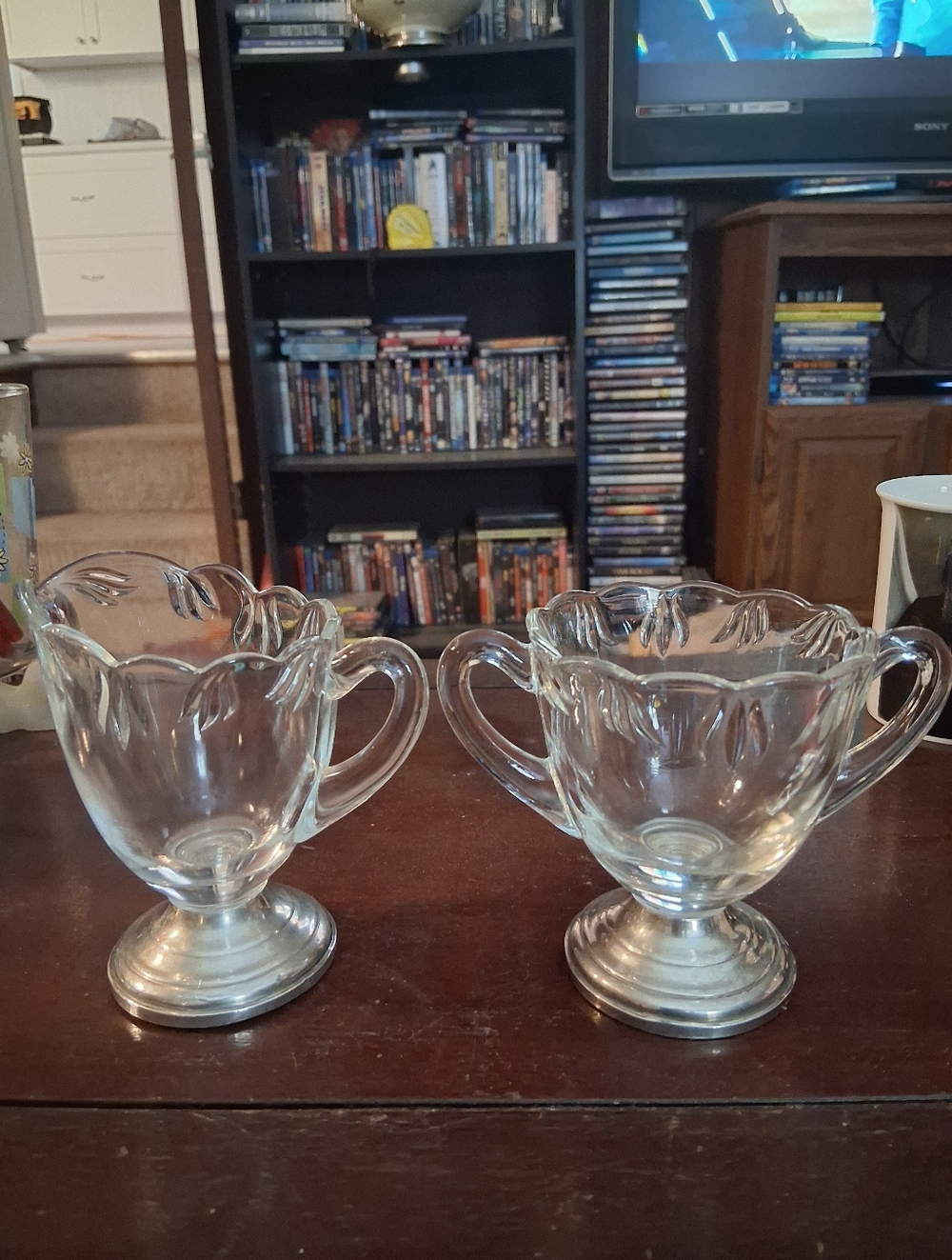 Vintage Scalloped Edge Glass SUGAR & CREAMER Set With Sterling Silver Bases